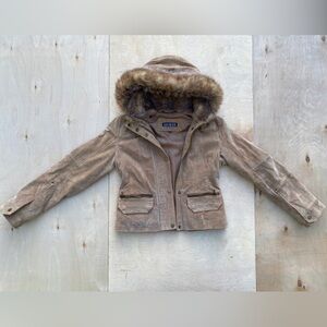 Guess Suede Tan Leather Jacket with Fur-lined Hood size medium